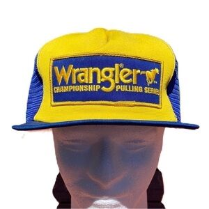 Vintage Wrangler Championship Pulling Patch Trucker Hat Snap Back Mesh Blue
